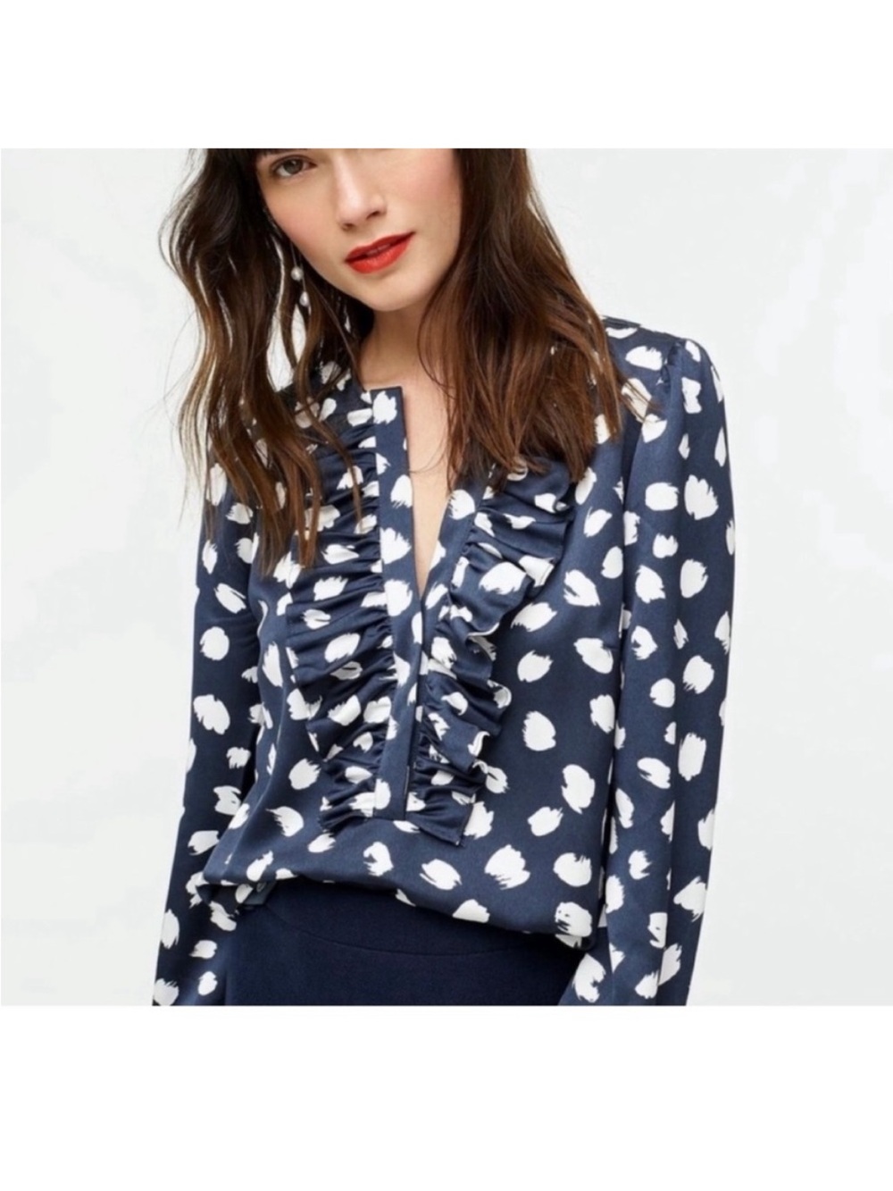 J. Crew Long Sleeve Ruffle Front Navy White Brushstroke Print Blouse 
Large
